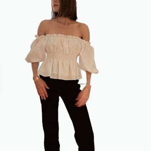DISSH Off-Shoulder White Linen Blouse